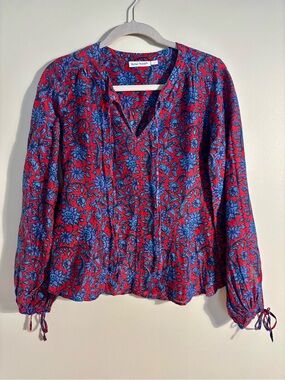 Roller Rabbit Red & Blue Floral Silk Blend V-Neck Women's Blouse - sz XS